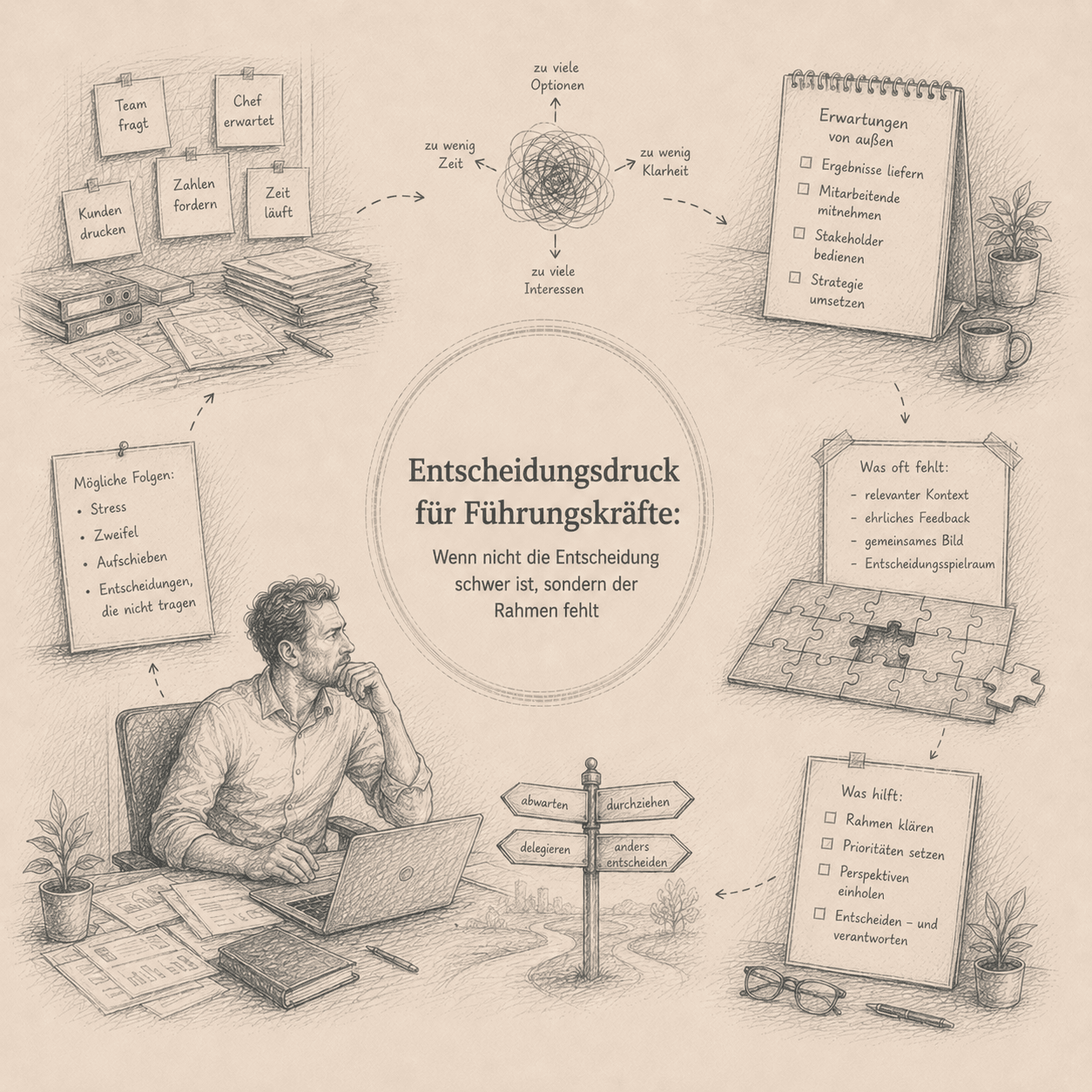 Systemische Denkskizze zum Artikel Entscheidungsdruck für Führungskräfte: Wenn nicht die Entscheidung schwer ist, sondern der Rahmen fehlt