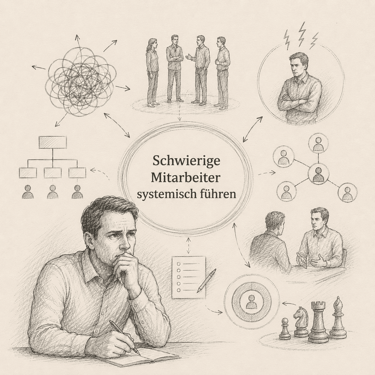 Systemische Denkskizze zum Artikel Schwierige Mitarbeiter systemisch führen: Warum einzelne Konflikte oft mehr Energie binden als ganze Projekte