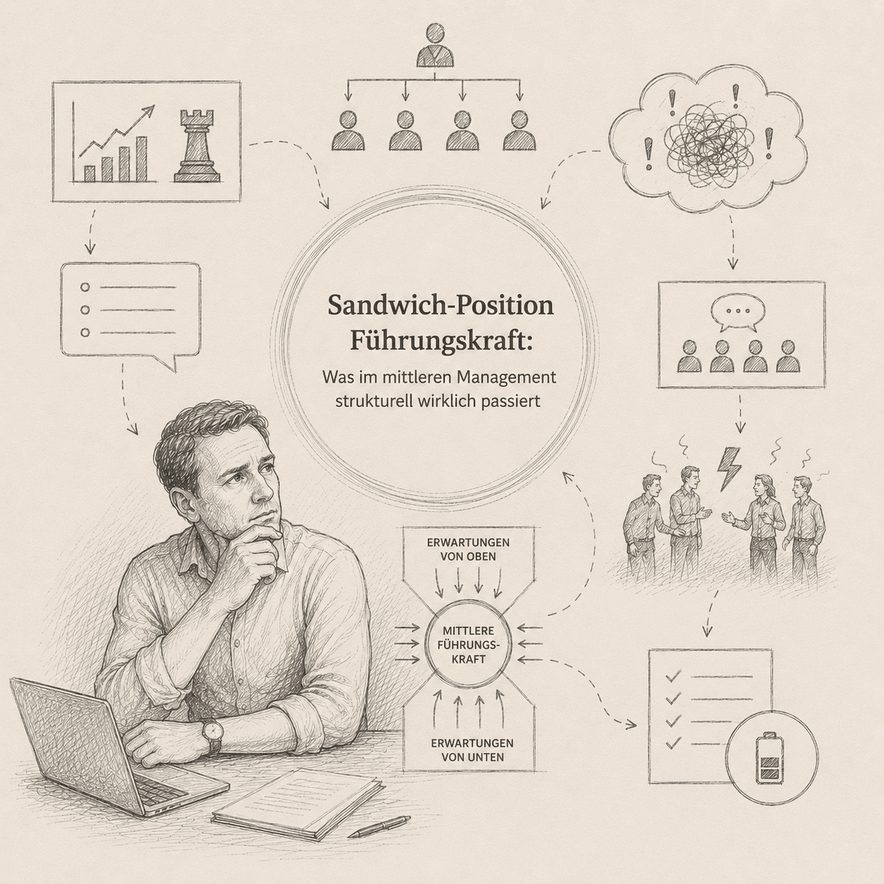 Systemische Denkskizze zum Artikel Sandwich-Position Führungskraft: Was im mittleren Management strukturell wirklich passiert
