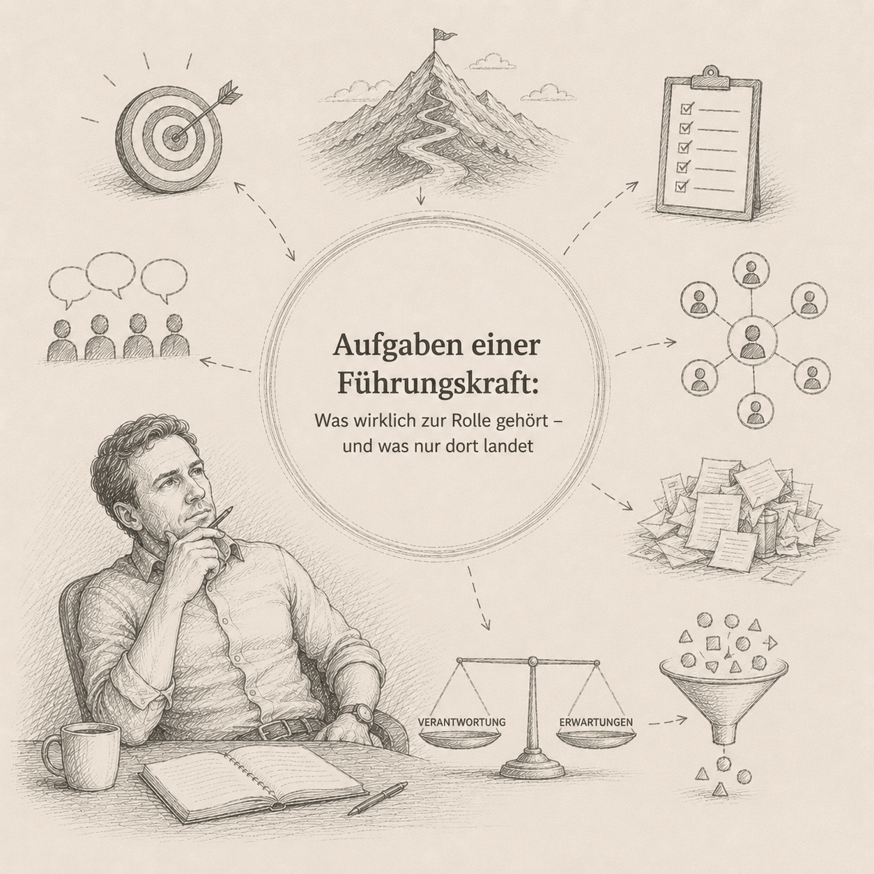 Systemische Denkskizze zum Artikel Aufgaben einer Führungskraft: Was wirklich zur Rolle gehört — und was nur dort landet