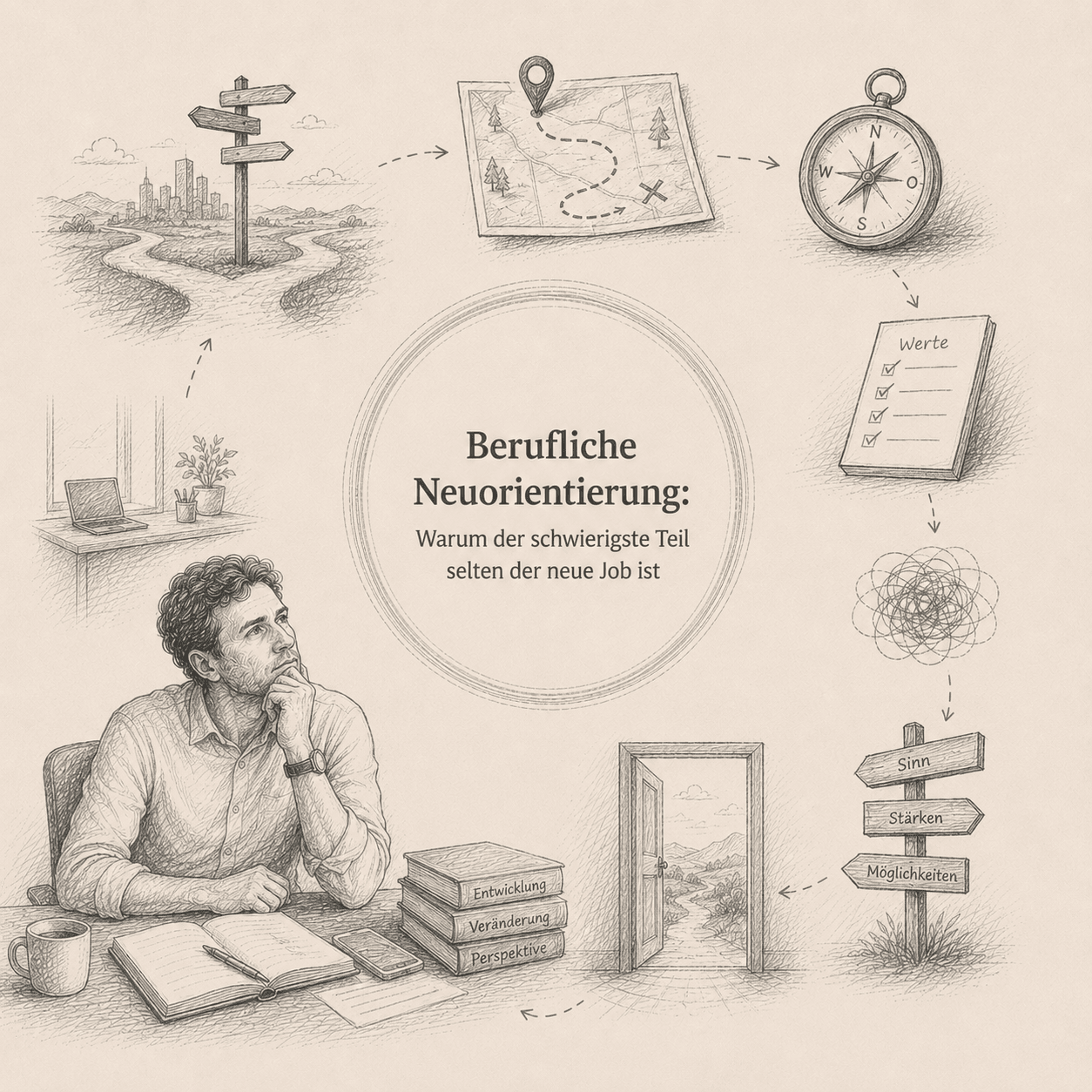 Systemische Denkskizze zum Artikel Berufliche Neuorientierung: Warum der schwierigste Teil selten der neue Job ist