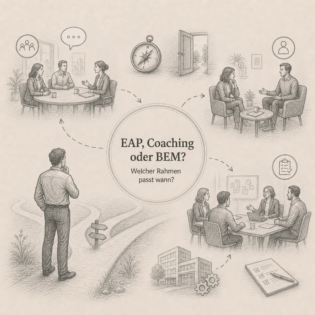 Bleistiftillustration: EAP, Coaching und BEM als unterschiedliche Unterstützungswege