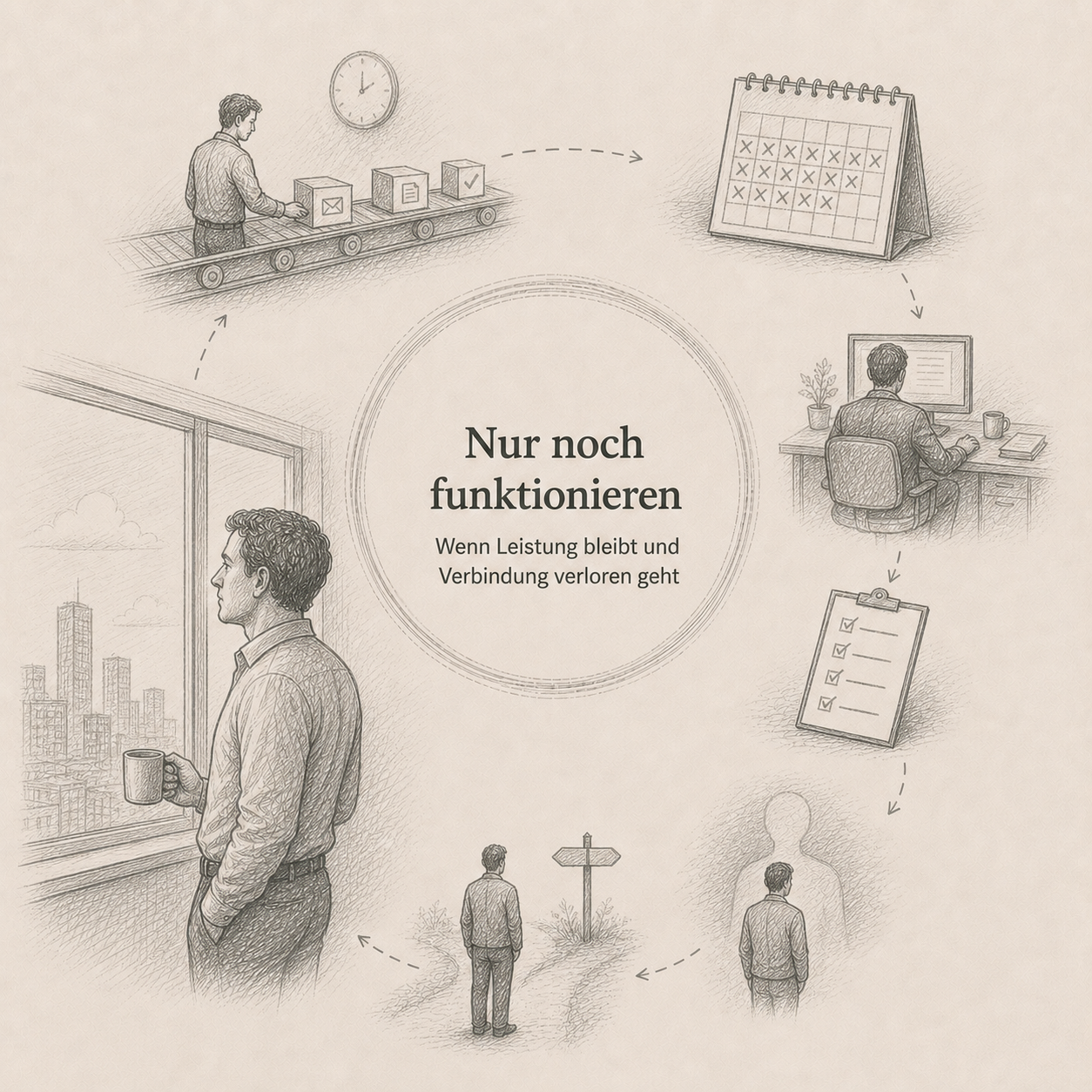 Systemische Denkskizze zum Artikel Nur noch funktionieren: Wenn Leistung bleibt und Verbindung verloren geht