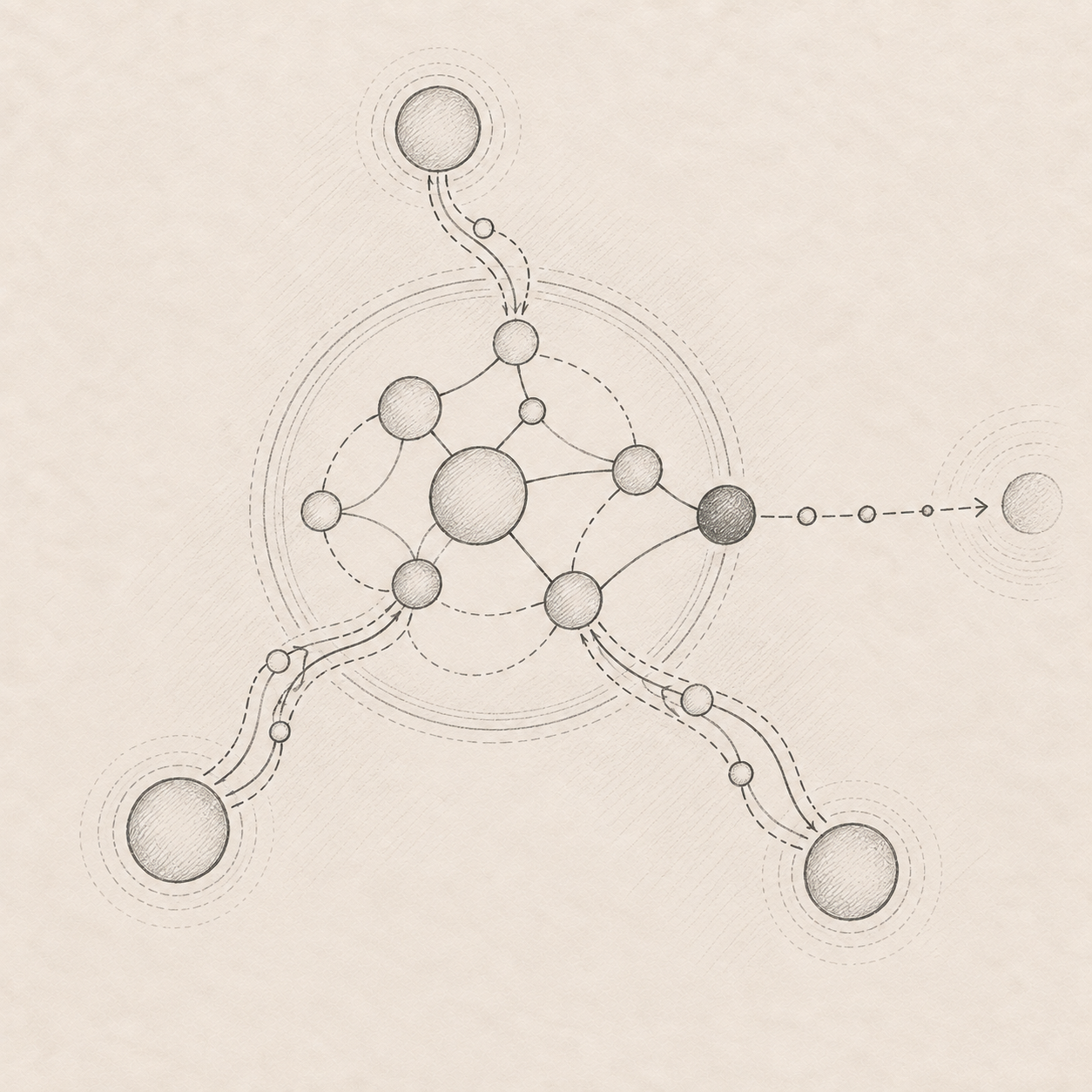 Bleistiftillustration: Ein Knoten verlässt ein Beziehungsnetz, während Rückwege sichtbar bleiben